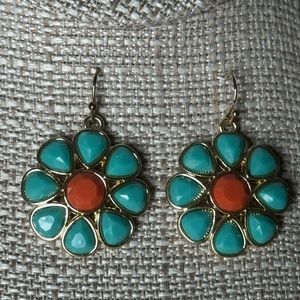 Flower Earrings: Pierced; Turquoise, Burnt Orange and Gold tone! NWOT